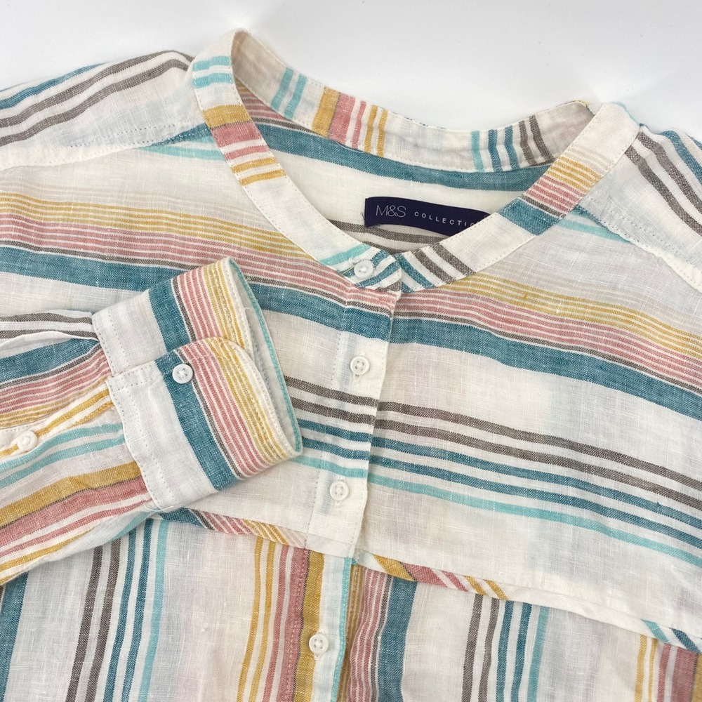 M&S Collection Striped Linen Shirt Womens‎ 10 Multi Color Band Collar